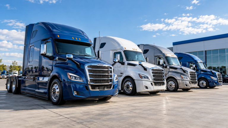 Commercial trucks at a dealership requiring commercial truck insurance before delivery